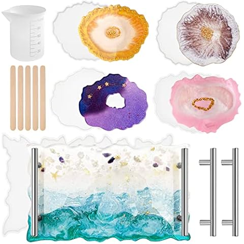 WENYA Coaster Mould for Resin, Silicone Moulds for Resin Casting, Serving Tray Mould with Handles and Coaster Mould, Large Epoxy Resin Casting Molds for DIY Craft Cover