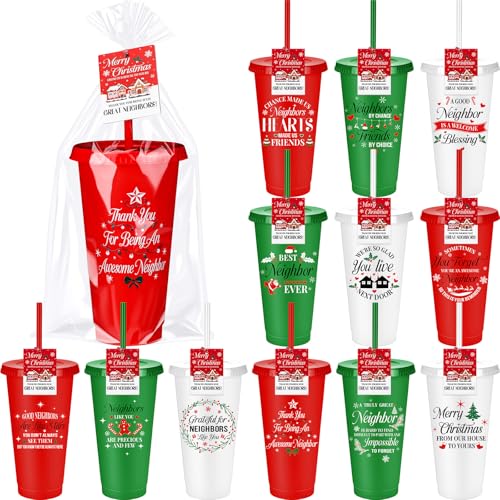 Vesici 12 Sets Christmas Best Neighbor Gifts Thank You Cups with Lids Straws Bulk 24 oz Plastic Cup...