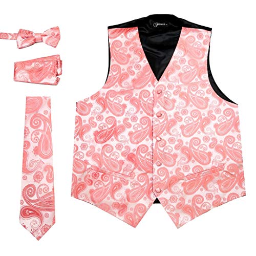 Ferrecci Men’s 4 Piece Paisley Pattern Satin Tuxedo Vest Set With Bowtie, Neck Tie And Hanky (Coral, Large) #TOP11