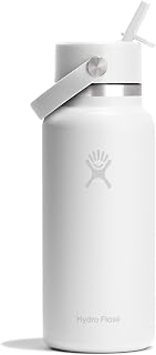 Hydro Flask Wide Flex Straw Cap 32 Oz Bottle - Stainless Steel, Leak Proof, Fits Most Cup Holders - Insulated Cold 24 Hours - Open Up, Fits Ice Cubes - White