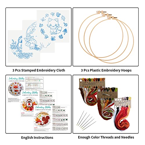 Image of Louise Maelys 3 Set Animal Embroidery Kits for Beginners with Autumn Squirrel Hedgehog Fox Pattern,Adults Starter Cross Stitch Kit DIY Needlepoint