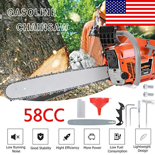 58CC 2-Stroke Bar Gasoline Powered Chainsaw, 20-Inch Chainsaw, Cordless Handheld Gasoline Power Chain Saws for Cutting Trees, Wood, Garden and Farm (Orange)