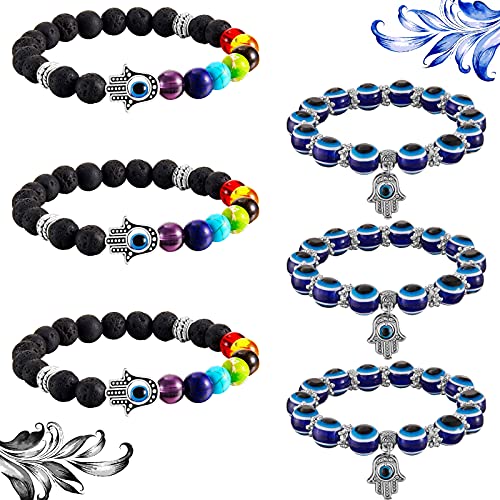 6 Pieces Evil Eye Hamsa Hand Bracelets Blue Eye Beaded Bracelets 7 Chakras Stone Stretch Bracelet Hand of Fatima Beaded Charm Bracelets Lava Stone Bracelets