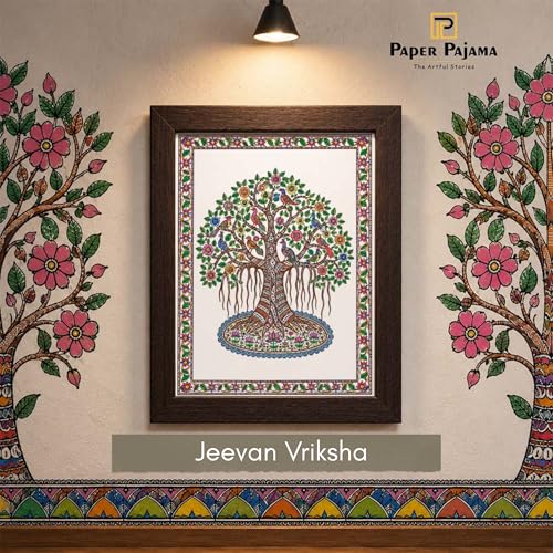 Image of PAPER PAJAMA Tree of Life Vastu Wall Art for Living Room | Madhubani Birds on Banyan Tree Painting | Traditional Mithila Folk Art Framed Decor for Home, Office & Bedroom (10x13 Inches)