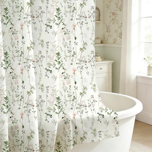 Floral Shower Curtain Sage Green & White Farmhouse Flower Bathroom Curtain Set with Hooks Rustic Patterned Decorative Cloth Country Bath Decor for Spring Summer Seasonal Style 72 W x 72 L