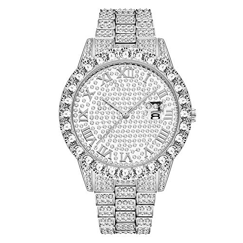 Männer Bling Bling Mode Kristall Diamant Strass Uhren Stahlband Rundes Zifferblatt Analoge Uhr Klassische Quarz Charme Armbanduhren