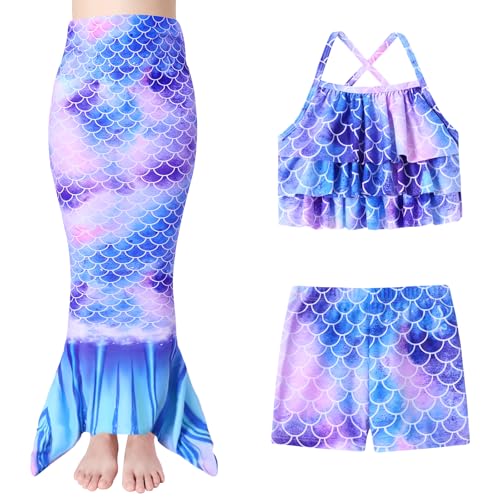 Image of Girls Mermaid Bathing Suit 3PCS Cute Ruffle Tankini Swimsuits with Boyshort Kids Beach Swimwear 3-11y