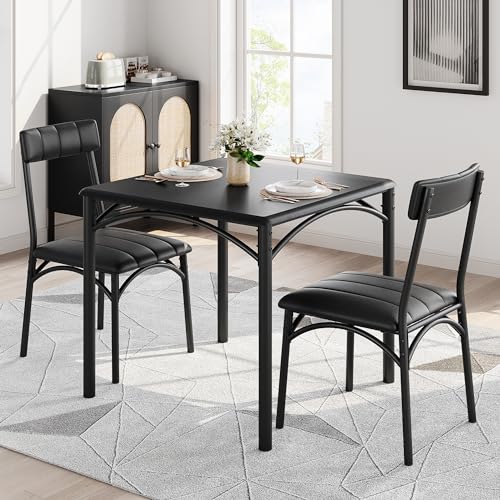 Image of GAOMON 3-Piece Dining Table Set for 2, Space-Saving Kitchen Square Table and 2 Upholstered Chairs, Farmhouse Square Kitchen Table Set, Compact Dining Room Furniture for Apartment, Studio, Black