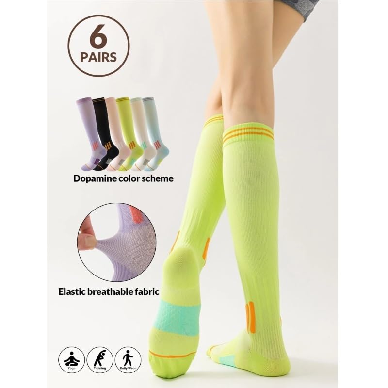 Calcetines Deportivos de compresión for Correr, Saltar, Yoga, Calcetines Deportivos Profesionales de Moda, Calcetines Deportivos de enfermería, Calcetines Deportivos de fútbol(6pairs)
