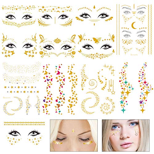 Face Tattoo Sticker,12 Sheets Freckle Sticker Face Tattoos for Women Girls,Face Metallic Temporary Tattoo Water Transfer Tattoo for Professional Make up Dancer Costume Parties