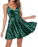 R.Vivimos Women's Crushed Velvet Spaghetti Straps Sexy V Neck Club Party Pleated Swing Skater Dress (Medium, DarkGreen)