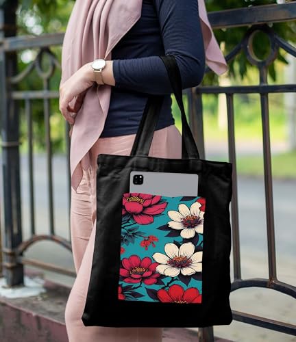 Image of ZORI Black Tote Bag With Pocket Printed Designed Canvas Tote Bags For Women large capacity,Tote bag For Shopping, College, Travel, More Canvas Handbag For Unisex Bag
