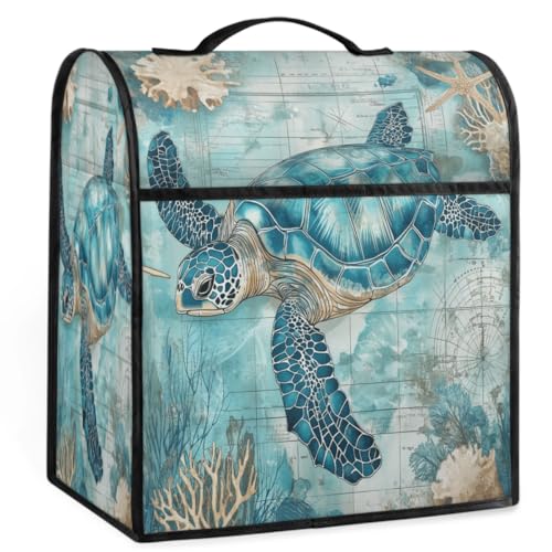 Sabokido Vintage Sea Turtle Kitchen Aid Mixer Cover, Ocean Coral, Compatible with 6-8 Quart Tilt Head Bowl Lift, Dust Cover with Pockets, Water Resistant, Polyester, Teal Blue