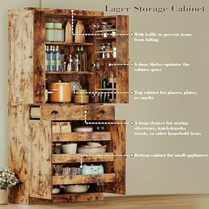 IRONCK Kitchen Pantry Cabinet 72 Height Freestanding Cupboard with Drawer Sliding Storage Rack and 6 Hanging Shelves for Dining Room Laundry Living Room Vintage Brown