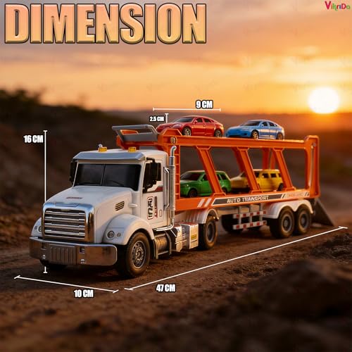 Image of VikriDA RC Transporter Truck Toy with 4 Mini Cars - 14 inch Remote Control Semi Trailer, Lights & 2 Rechargeable Batteries, Fun Carrier Truck for Kids