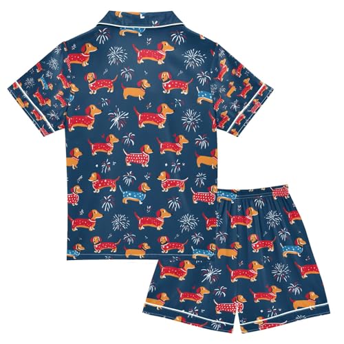 senya Dachshund Dogs Firework Satin Summer Pajama Sets Silk Short Sleeve Button Down Sleepwear2