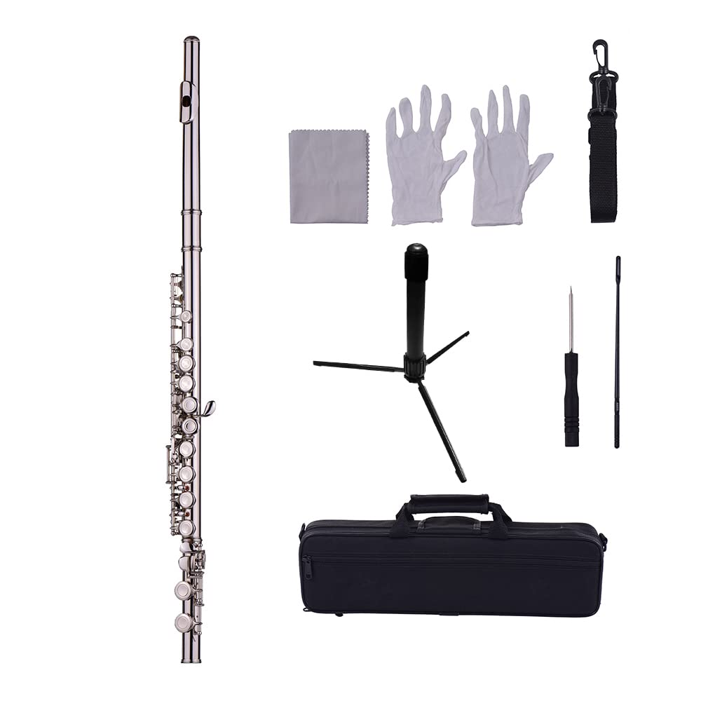 Flauta 16 Agujeros Tono C, Instrumento Viento Metal Plata con Soporte Estuche, Flauta Plata para Principiantes Músicos Estudiantes Práctica Concierto