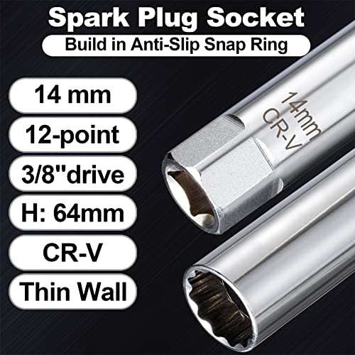 Image of Spurtar 14mm Spark Plug Socket 12-Point Thin Wall 3 /8 inch Drive Spring Clips | Spring Clips, Spark Plug Removal Tool, Cr-V Steel Wrench, Compatible with BMW, Mercedes, Nissan, Mini Motorcycle, Car, SUV