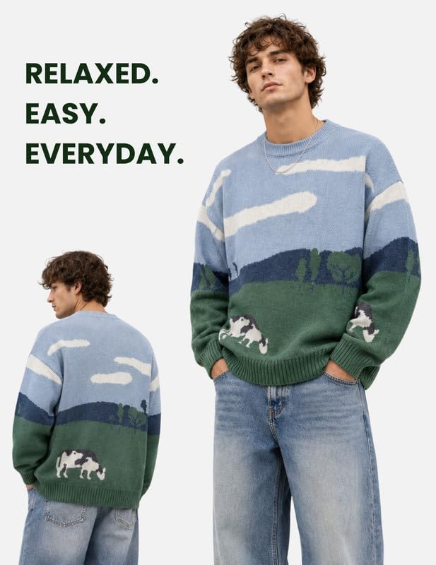 Image of Vamtac Mens Oversized Sweater Vintage Graphic Pullover Crewneck Knit Jumper Y2K Unisex Streetwear 2026 Fall Tops