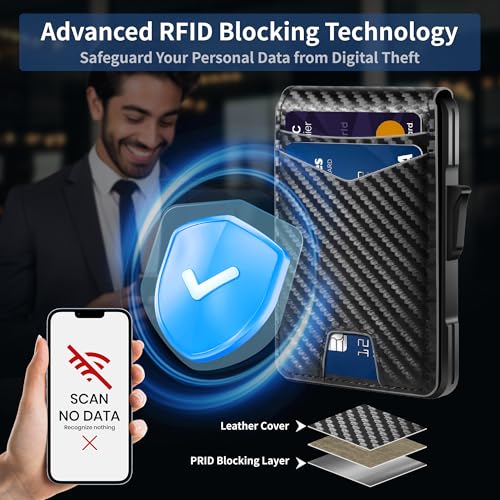 Minimalist Wallet for Men - Slim RFID Blocking Wallets Water-Proof Leather & Bifold Wallet with Money Clip | Holds 12+ Cards & ID Window | Premium Gift for Him (Gift Box Included) (Carbon Fiber)2