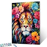 Tucocoo Kit de pintura de primer plano con cara de león por números, lienzo de 16 x 20 pulgadas, pintura al óleo para adultos con pinceles y pigmento acrílico, hermosa imagen de animales de flores