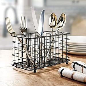 Mdesign farmhouse modern metal wire cutlery and utensil storage organizer bin for kitchen pantry table and countertop utensil caddy holds forks knives spoons napkins 3 sections black  urban country home decor