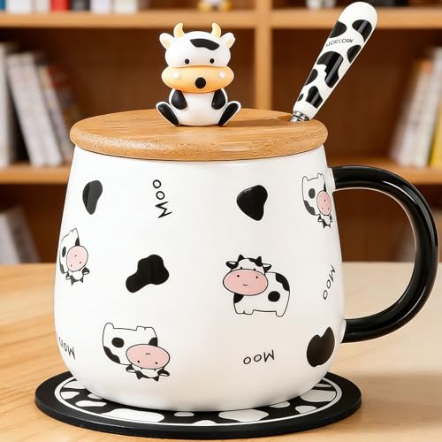 Arawat Mucca Mug Con Coperchio Mucca Mug Regalo Divertente Tazza Di Caffè 400 Ml Tazza Di Tè In Ceramica Natale Carino Mucca Tè Caffè Mugs Dolce Regalo Di Compleanno Per Le Donne Uomini Fidanzato