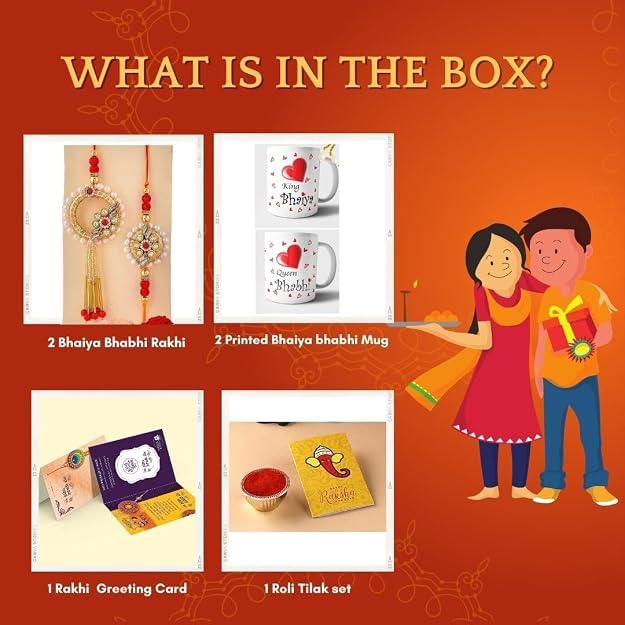 Image of CraftVatika Rakhi Mug Gift Combo for Brother Bhaiya Bhabhi - Premium Couple Pair Rakhi with Printed Mug Gift, Rakhi Set of 2