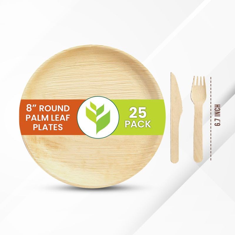 Flora ECO Dine | Areca Palm Leaf Plates Disposable, Compostable Tableware for Wedding, Lunch, Dinner, Birthday, Camping, Outdoor BBQ, Picnic (25 pcs Plates with 25 pcs Spoon & 25 pcs Forks) (8 inch)