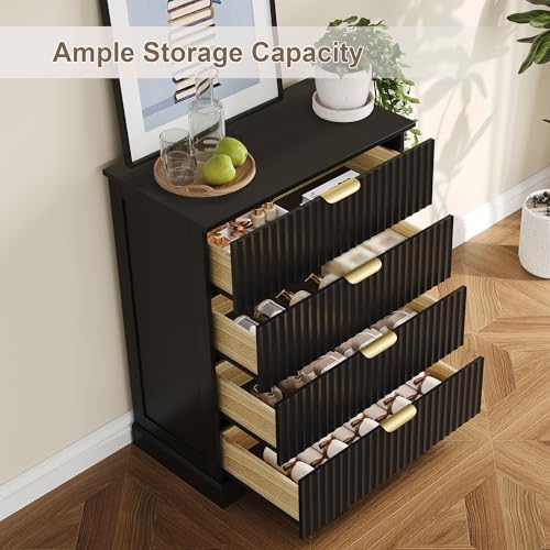 Image of Wooden 4 Drawer Dresser for Bedroom, 36.6 in Tall Fluted Dresser with Metal Handles, Modern Chest of Drawers for Bedroom, Living Room, Entryway, Black