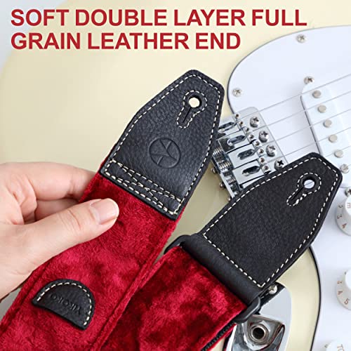 YIKOKO Guitar Strap 2 inch Velvet Guitar Straps with Full Grain Leather End, for Bass Electric and Acoustic Guitars, Free Strap Button, 2 Strap Locks and 4 Guitar Picks