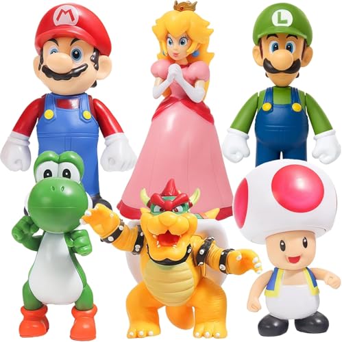 Mario Action Figures Set 6 Inch Cartoon Character Figures Toys Classic Plumber Bros Collectible Figurines Set for Display Cake Toppers Gift Ideas