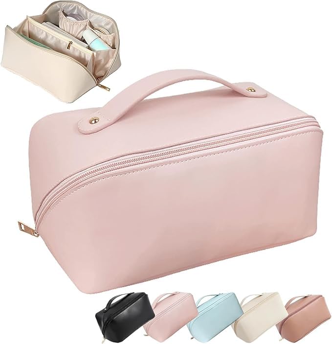 Large Capacity Travel Cosmetic Bag with Handle and Divider – Waterproof PU Leather Makeup Organizer for Women & Girls, Zipper Toiletry Case with Compartments, Brown (Pink)-image-39