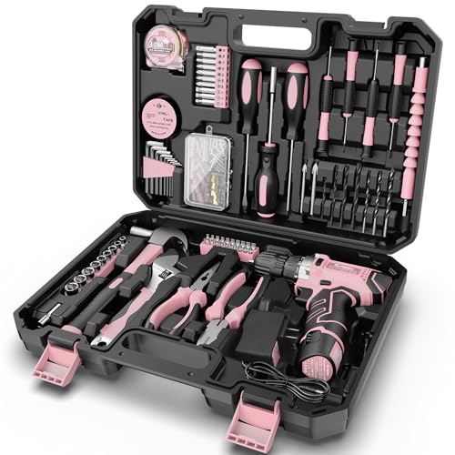 Sundpey Werkzeugkoffer Gefüllt 206tlg, 12V Akkuschrauber zum Anziehen/Lösen von Schrauben, Haushalts Werkzeugkasten Werkzeug Koffer Werkzeugset für Reparaturen im Haushalt und Heimwerken, Rosa
