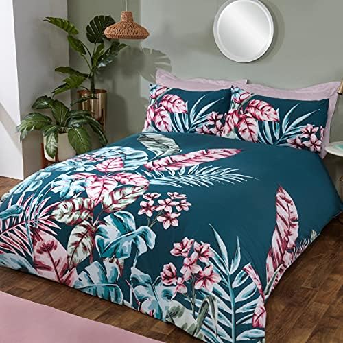 Sleepdown Large Tropical Leaf Floral Panel Teal Blue Reversible Soft Easy Care Duvet Cover Quilt Bedding Set with Pillowcase - Single (135cm x 200cm)
