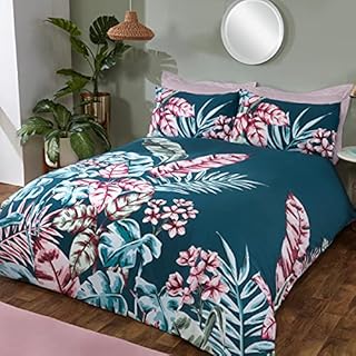 Sleepdown Large Tropical Leaf Floral Panel Teal Blue Reversible Soft Easy Care Duvet Cover Quilt Bedding Set with Pillowcase - Single (135cm x 200cm)