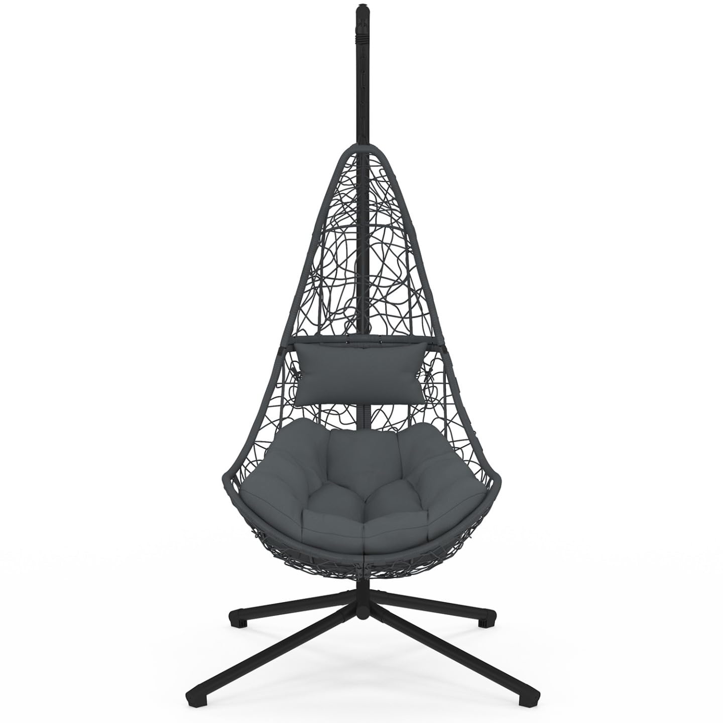 IDMarket - Silla colgante de media luna efecto ratán calado gris con cojín gris