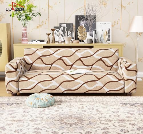Image of Lukzer 3 Seater Beige Lining Design Universal Sofa Cover | 360 Fully Covered Anti-Slip Washable Couch Cover Protecter | 140 GSM Stretch Fit Polyester + Spandex Slipcover (180-230cm /SC-021-03)
