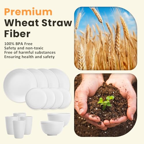 Image of Homienly Wheat Straw Dinnerware Sets - 16 PCS Unbreakable Dinner Plates,Dessert Plates,Cereal Bowls,Drinking Cups,Dishes Sets for 4,Reusable Dishwasher & Microwave Safe for Kitchen - White