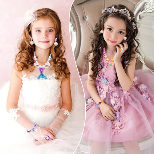 BTHRORO 6 Sets Kinderschmuck 30 Stück Kette Mädchen Armband Kinderringe Ohrring Schmuckset Mädchen, Kinder Schmuck mit Meerjungfrau Schwanz Bär Schmetterling Blume Kirsche Herz Anhänger