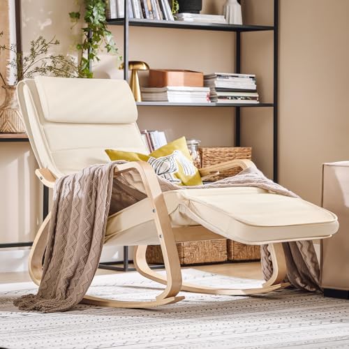SoBuy Mecedora con Cojín, Silla Mecedora con Reposapiés Ajustable y Reposacabezas - Relajante Sillon, Beige FST16-W