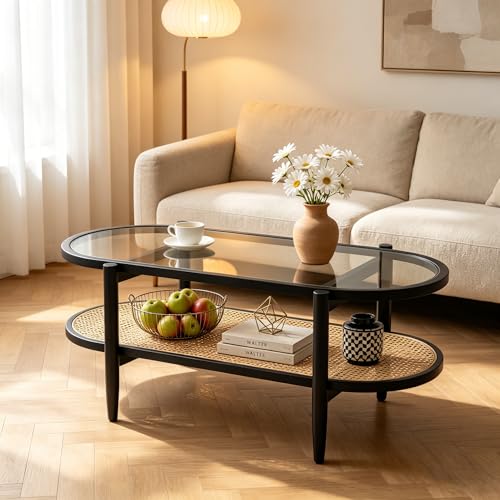 COSTWAY Table Basse Bois, Table Basse Salon en Verre, Cadre en Bois Courbé, Design Cannage en...