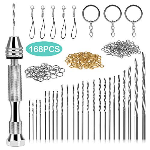 168PCS Pin Vise Hand Drill Bits, Micro Mini Twist Drill Bits (0.8-3.0mm) with Precision Hand Drill Rotary Tools for Resin Casting Molds, Eye Screws for Plastic Wood Keychain Pendant DIY Jewelry Making