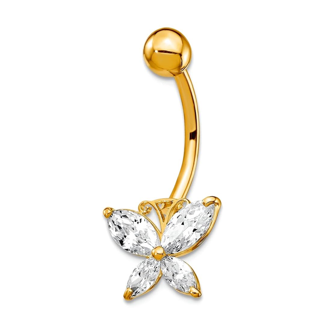 Bauchnabelring aus 10-karätigem Gelbgold, poliert, offener Rücken, Schraubverschluss mit großem Zirkonia, künstlicher Diamant, Schmetterlingsflügel, baumelnder Schmuck, Geschenke für Frauen – hochwertiger als 9 Karat Gold