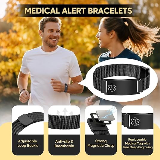 Medical Alert Bracelets, Personalized Customized Emergency id Bracelet, Custom Engraving Adjustable Magnetic Connector Mesh Loop Design Stainless Steel Breathable Waterproof2