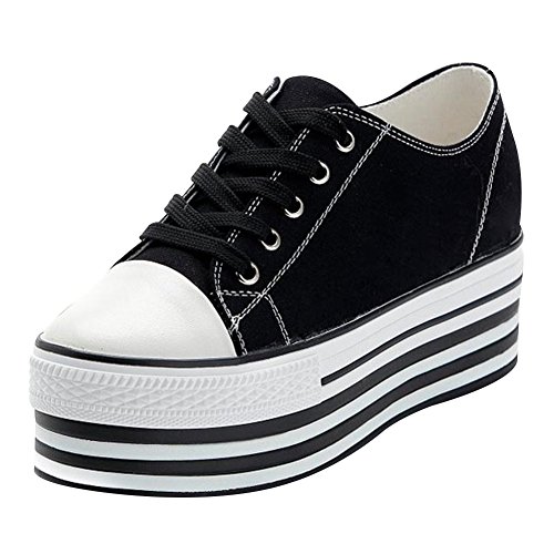 Jamron Femmes Double Semelle Extérieure Haut Plateforme Talon Chaussure de Toile Basse Talon Compensé Lacer Creepers Mode Sneakers Noir 627-1 EU36