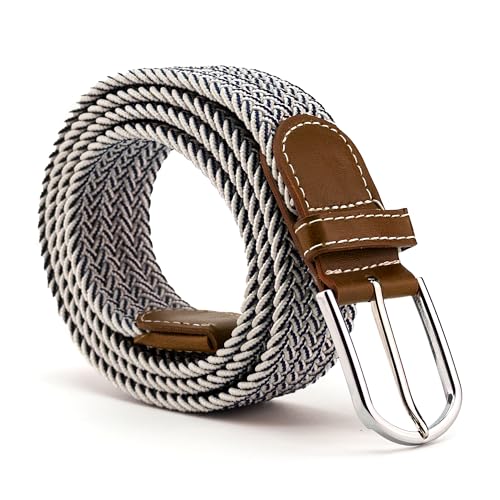 Cinturón trenzado, Cinturón de tela, Cinturón elástico trenzado, Cinturón Ajustable, Ajuste flexible, Blanco y Azul, Longitud 110 cm