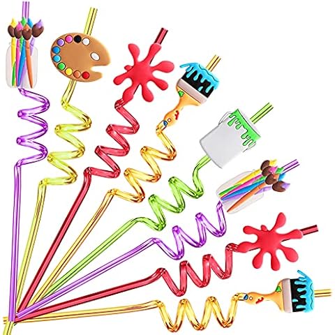 25 Reusable Art Painting Straws for Sip and Paint Brushes Birthday Party Supplies Decorations Favors,Welcome Back to School Party Supplies Gift with 2 Cleaning Brushes Cover