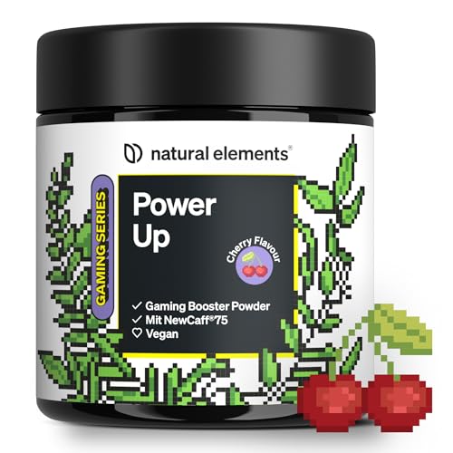 natural elements Power Up Cherry – Gaming Booster, Energy Drink Pulver mit Koffein, NewCaff75, B-Vitaminen, Vitamin C, L-Tyrosin, Ginkgo- und Grüntee-Extrakt – 40 Drinks – vegan, mit Stevia