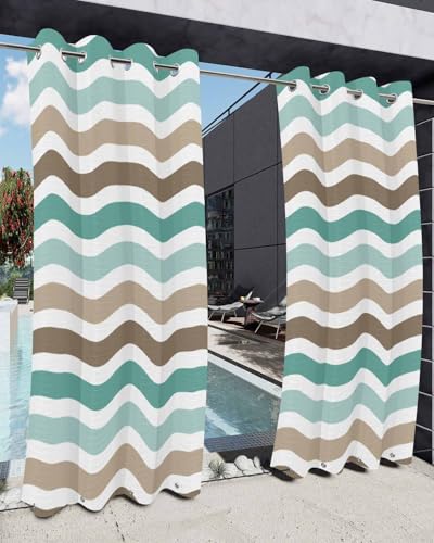 Lsrtoss Teal Brown Ombre Outdoor Curtains for Patio Waterproof, Geometric Striped Water Ripple White Outdoor Privacy Panels Grommet Sun Blocking Outside Curtains for Porch, Pool, 54W x 84L inch
